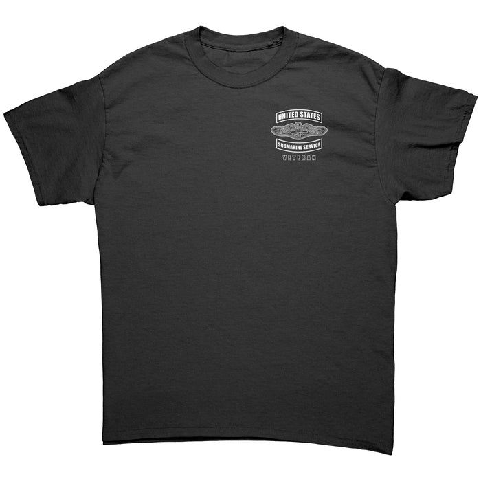 United States Submarine Service T-Shirt - Hide and Seek World Champs Since 1900 (Circle Design) (Veteran Submariner with Dolphins Front Left Chest)