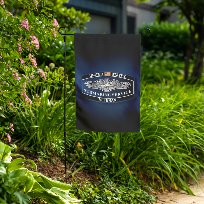 United States Submarine Service Veteran Garden Flag – Double-Sided with U.S. Flag & Dolphins - Flag and Stand