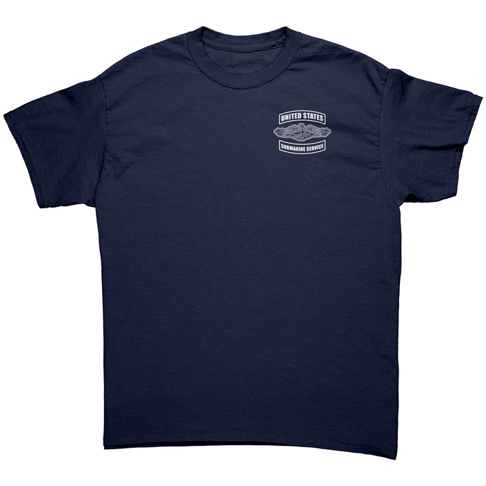 United States Sub Vet Don't Let The Old Age Fool You We'll Still Sink Your Battleship T-Shirt (Submarine Service with Dolphins Front Left Chest) - Navy