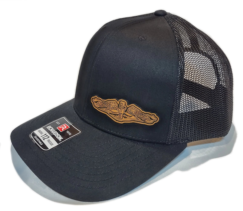 Richardson 112 Black with Black Trucker Mesh Submarine Service Dolphins Engraved Patch - Left Front Crown View