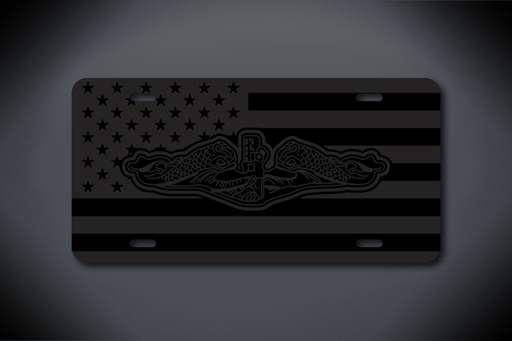 United States Flag with Submariner Dolphins Black Glossy Plate with Matte Black Vinyl Decal Overlay Vanity License Plate