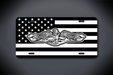 United States Flag with Submariner Dolphins White Glossy Plate with Glossy Black Vinyl Decal Overlay Vanity License Plate