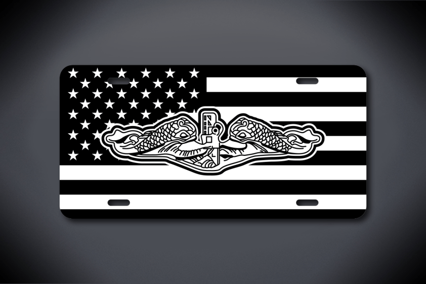 United States Flag with Submariner Dolphins White Glossy Plate with Glossy Black Vinyl Decal Overlay Vanity License Plate