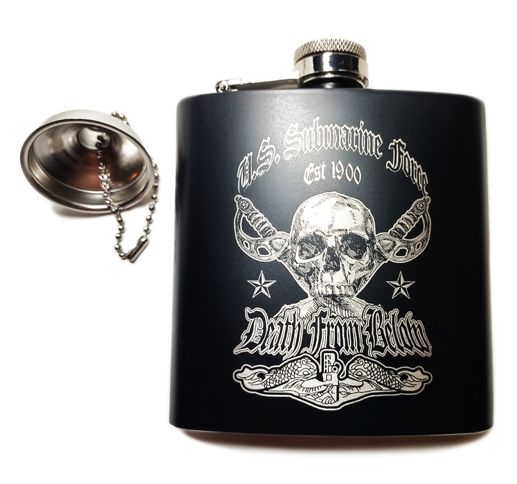 United States Submarine Service - Death From Below Engraved Flask - Front Decoration